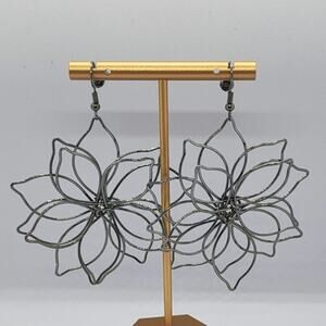 Large Statement Earrings Hollow Flower Petal Design Silver Black Color